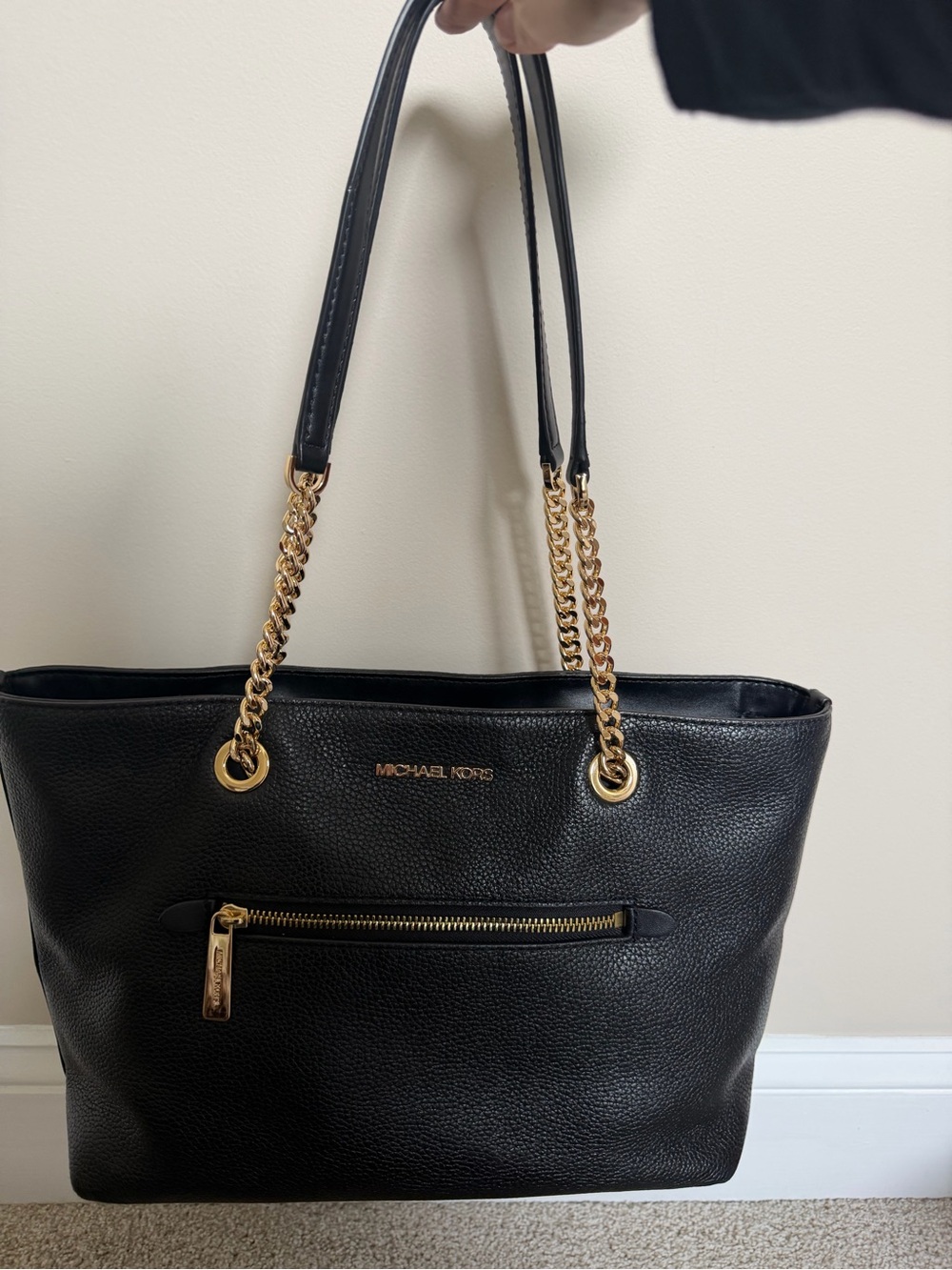 Michael Kors Black Pebbled Leather Tote with Gold Chain Straps